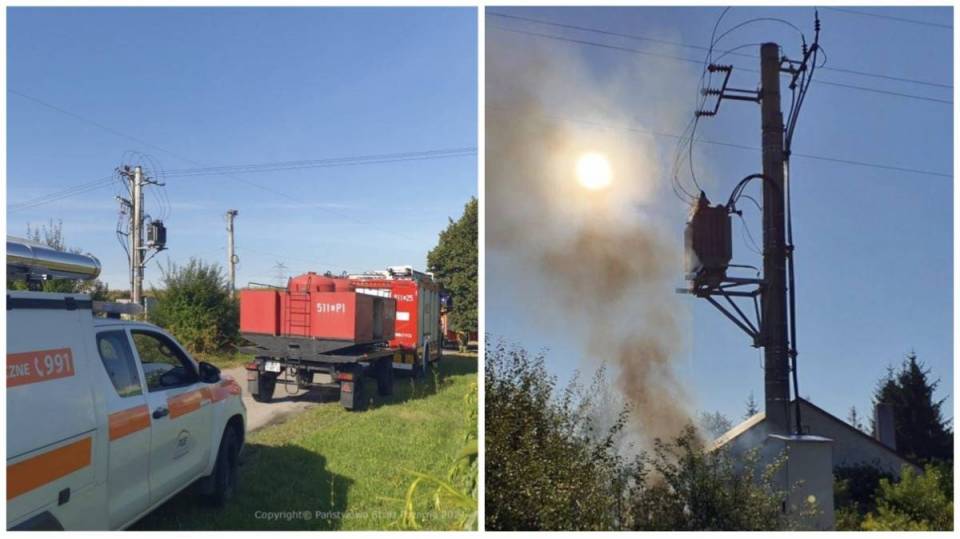 Pożar transformatora na słupie energetycznym. Do akcji gaśniczej ruszył prawdziwy strażacki zabytek! [Foto]